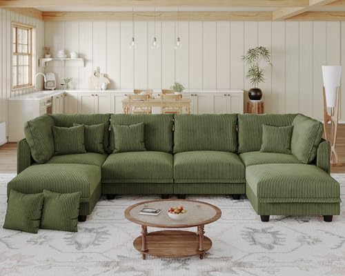 Image of LLappuil 112 inch Modular Sectional Sofa with Storage, U Shaped 6-Seat Corduroy Couch with 6 Throw Pillows, Convertible Sofa Set for Living Room & Apartment, Skin-Friendly & Soft, Green