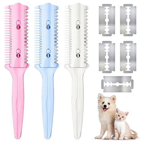3 Pieces Pet Dog Cat Razor Comb With 15 Pieces Razors Hair Cutter Comb Cutting Scissors Hair Trimmer Comb Grooming Dog Cat Double Edge Razor For Dogs, Pink, Blue, Beige, Black( Sent At Random) #TOP28