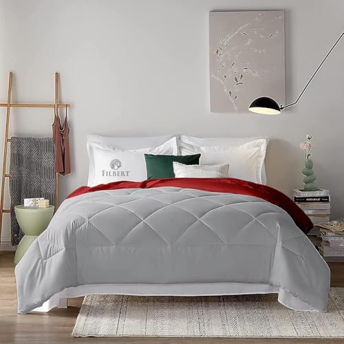Image of Filbert 600 GSM Comforter for King Size | Super Warm Winter Quilt /Rajai | Thick Microfiber Blanket with Cloud-Soft Fill | Luxury Bedding for Winters - 92x106 Inch | Silver /Burgundy