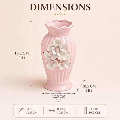 Image of MARKET 99 Pink Ceramic Decorative Vase | Glossy Flared Rim Embossed Leaf Pattern Flower Vase | Elegant Tabletop Accent for Fresh Flowers, Artificial Stems, Home, Office & Shelf Decor