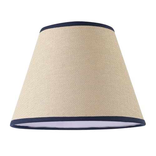 Traditional Rattan Tweed Lamp Shade with Navy Blue Cotton Fabric Trims | 25cm x 19cm | for Ceiling Pendant or Table Lamp Base by Happy Homewares