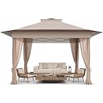 Amada 13x13 Pop Up Gazebo, One Push Outoor Canopy Tent with Wheeled Cover Bag, Pop Up Canopy with Netting for Patio, Party, Backyard,3-Speed Adjustable, Brown