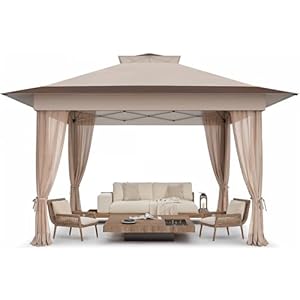 Amada 13×13 Pop Up Gazebo, One Push Outoor Canopy Tent with Wheeled Cover Bag, Pop Up Canopy with Netting for Patio, Party, Backyard,3-Speed Adjustable, Brown