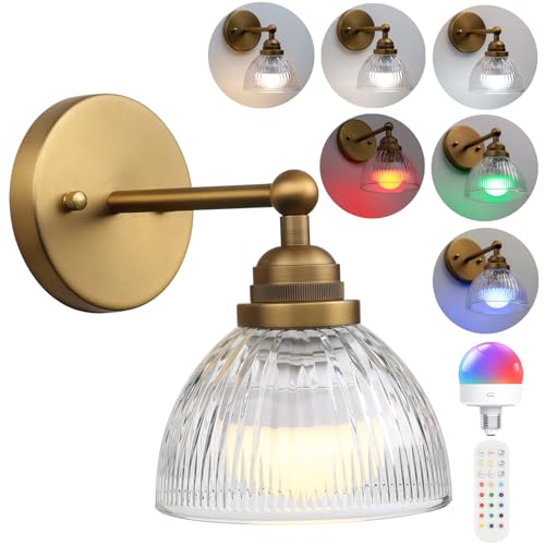Image of Phansthy Industrial Rechargeable Battery Operated Wall Sconce with Remote Control, Clear Striped Glass Shade Wall Lamp, Vintage Dimmable Indoor Wall Light for Bedroom Living Room Restaurant (Antique)