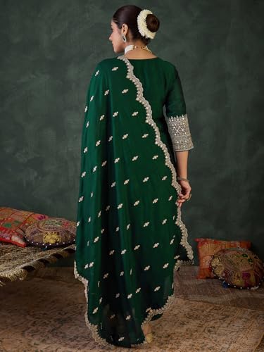 Image of INDO ERA Women's Straight Silk Blend Ethnic Motifs Embroidered Kurta & Pant with Dupatta Set (IESTR10550)