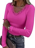 LUXVEER Women's Long Sleeve Fall Tops Lace Trim V Neck Ribbed Slim Fitted Tee Shirts Dressy Casual Business Work Blouses 2025 Trendy Going Out T-Shirt Rose Pink S