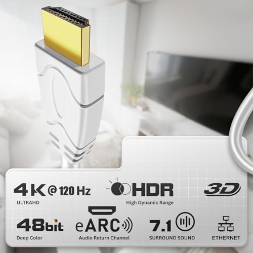 Câble HDMI TNP 4K Angle Droit 270 Degrés (15 FT) - Cordon HDMI Haute Vitesse 18GBPs Blanc 4K 60Hz HDR 2K 2160p 1080p 1440p 3D ARC/eARC Ethernet pour Jeux Vidéo Xbox One X PS 4 Pro & Apple TV HDTV