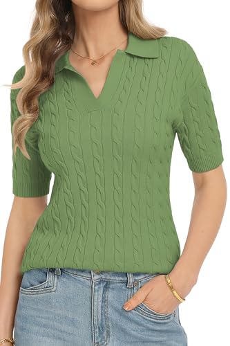 Image of QUALFORT Cable Knit Women's Short Sleeve Sweater Soft V Neck Polo Tops