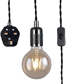 Black Pendant Light Fitting with Plug-in, Vintage Style Hanging Light KIT E27 Lamp Holder,4500MM Braided Twisted Cable with On/of Switch-KIT04BPG