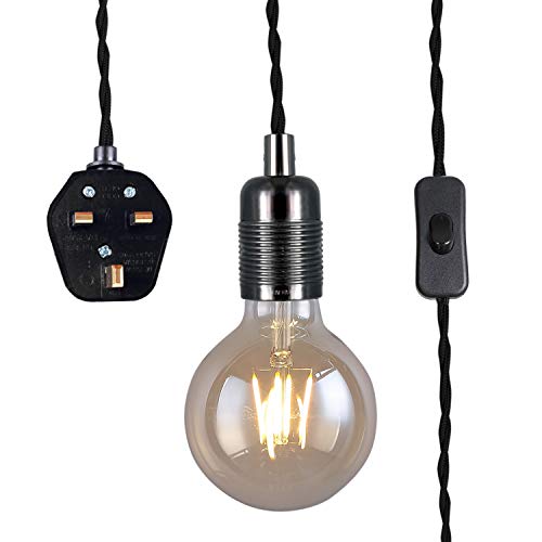 Black Pendant Light Fitting with Plug-in, Vintage Style Hanging Light KIT E27 Lamp Holder,4500MM Braided Twisted Cable with On/of Switch-KIT04BPG