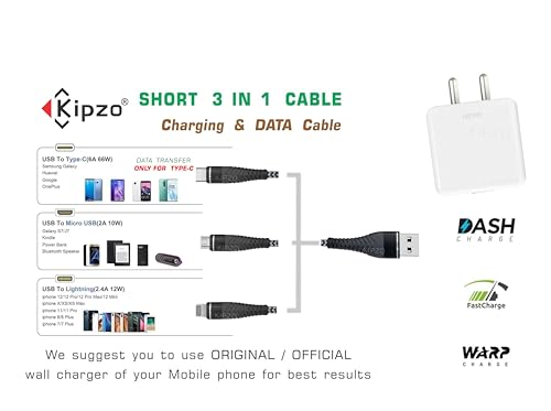 Image of USB 40cm mini short 3 in 1 charging cable super Dash Warp PD 65w fast car multi charger power bank cord Type c Micro galaxy with wall adapter (ONLY TYPE-C DATA Transfer)