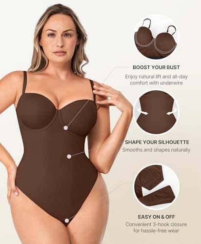 Image of SHAPELLX Shapewear Tummy Control Bodysuit for Women Faja Body Shaper Strapless Body Suit Thong Removable Straps Brown M