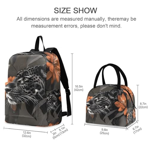 Backpack Lunch Bag Set Floral Leopard Print, Big Storage Travel Backpacks with Insulated Lunch Box for Office Hiking Picnic2