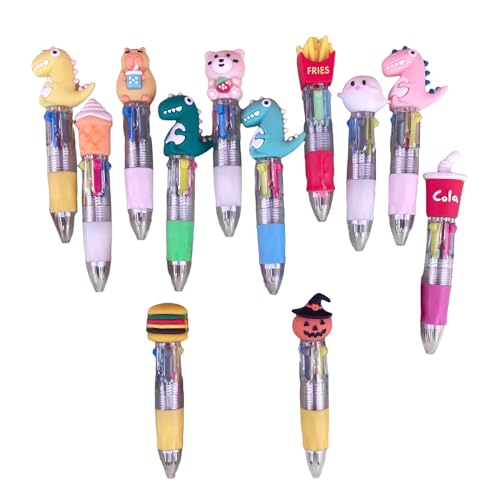 MALSSE 12 bolígrafos retráctiles de dinosaurio de dibujos animados, multicolor, 4 colores en 1 para niños y estudiantes