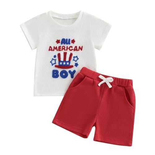 Toddler Baby Boy 4th of July Outfit American Flag Embroidery Waffle Knit T Shirt Shorts Set Patriotic Clothes