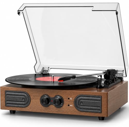 Image of Vinyl Record Player with Built-in Stereo Speakers Vintage 3-Speed Belt-Driven Turntable with Bass /Treble Control, Headphone Jack, RCA & AUX Outputs, Walnut