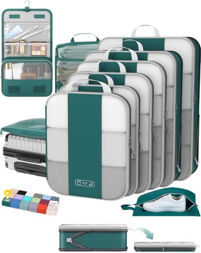 Image of OlarHike 10-Pack Compression Packing Cubes for Travel Essentials,Compressible Expandable Packing Cubes for Suitcase,Luggage Garment Bags for Travel,Handy Helper for Organizing Clothes(Dark Blue Green)