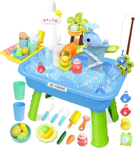 DUDUPIE Electric Water Table for Toddlers 1-5 Kids Play Sink with Running Water & Cloud Faucet Sensory Toddler Water Activity Table with Fishing Game Outdoor/Indoor Toy Gift for Boys & Girls (Blue)