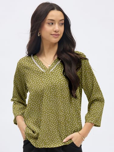 Image of SheWill Printed Top with Contrast Tipping - Stylish Ethnic & Western Tops for Women - Summer Travel Wear, Trendy Tops for Jeans, Lightweight & Comfortable Casual Wear