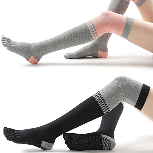 Pesine 2 PCS Thigh High Yoga Socks for Women Non-Slip Toeless Long Socks for Pilates Pure Barre Dance Barefoot Workout (Black & Grey), One Size3