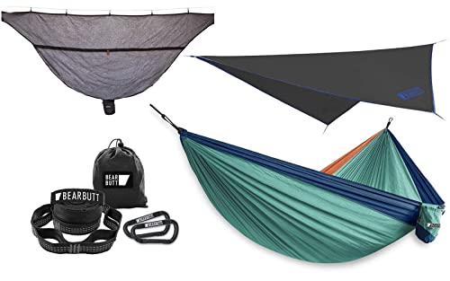 Bear Butt Double Camping Hammock, Bear Butt Kodiak Hammock Straps, Bear Butt Hammock Rain Fly, and Bear Butt Hammock Bug Net Bundle