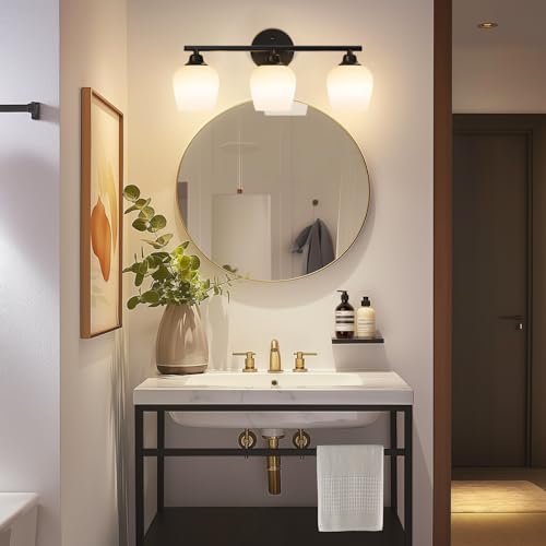 Image of ONEWISH Bathroom Light Fixtures - Modern Wall Sconces 3 Light Black, Wall Lamp for Vanity Light Over Mirror, Opal Glass Globe Lamp for Bedroom, Living Room, Hallway, E26 Socket Bulb NOT Included