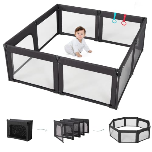 Image of Doradotey 8-Panel Foldable Baby Playpen for Toddlers 1-3, Adjustable Shape Large 59 inchx59 inch Indoor Playard, No Tools Assembly, 360 Breathable Mesh, Separate Washable Panels Safety Fence,Black