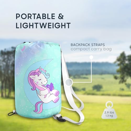 Wake In Cloud - Bolsa de Dormir para Niñas Pequeñas, Camping en Clima Templado, Ligera y Compacta para 3 Estaciones, Diseño Unicornio Arcoíris y Corazones miniatura 4