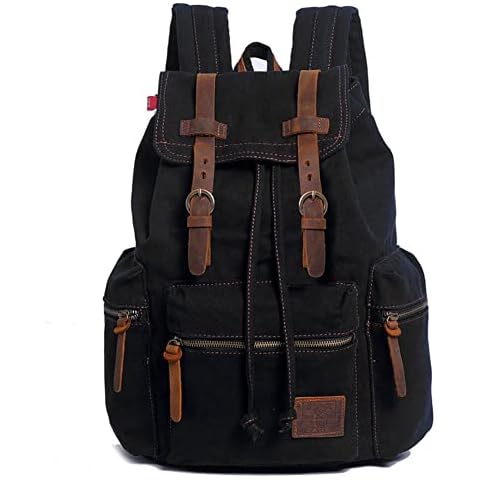 Canvas Backpack Unisex Vintage Casual Rucksack 17 inch Laptop Daypacks Schoolbag College Bookbag Hiking Camping Travel Bag Black Cover