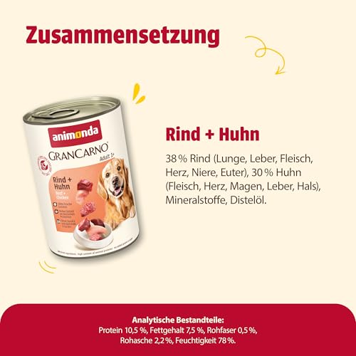 animonda GranCarno Hunde Nassfutter mit Rind + Huhn (6 x 400 g), getreidefreies Hundenassfutter ohne Zucker, für ausgewachsene Hunde, mit frischen fleischigen Zutaten