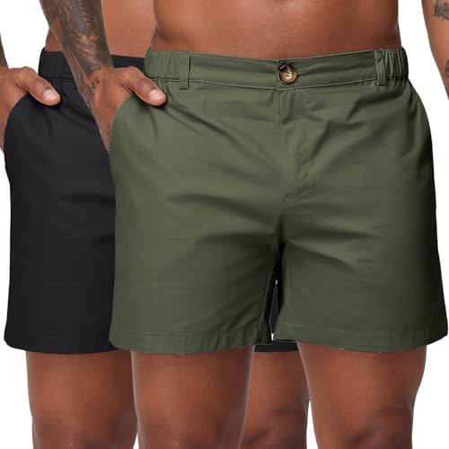 Image of Oymyakon Men's 6 Inch Shorts Casual Cotton Flat Front Chino Shorts Summer Elastic Waist Pull On Short with Pockets