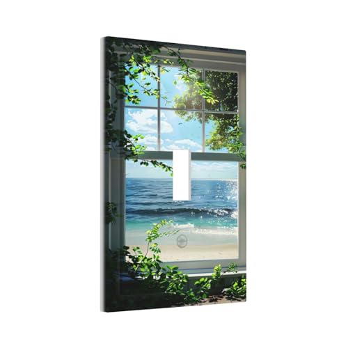 Decorative Switch Covers Plate Window Beach Seascape View Green Leaves 1 Gang Wall Plate Oversized Single Toggle Wall Cover Plate Jumbo Electrical Light Switch Plate Faceplate