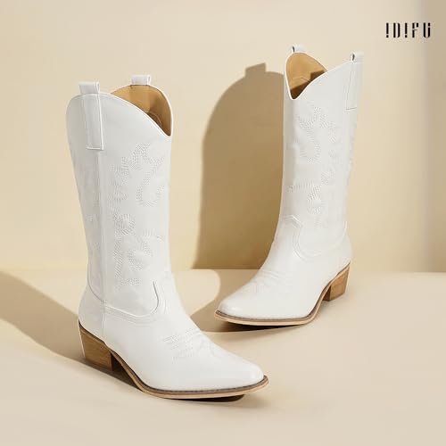 IDIFU Women's Cowboy Boots for Women Cowgirl Boots Western Boots Mid Calf Embroidered Chunky Low Heel Pointed Toe Country Boots Dress Cute Fashion Comfortable Cowboy Cowgirl Boots Booties4