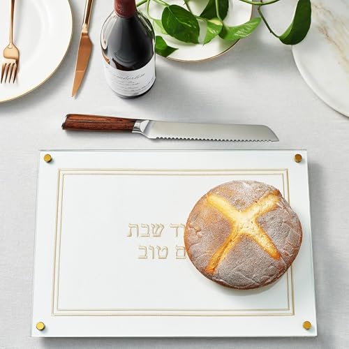 Tabla para cortar pan Challah rectangular blanca y dorada miniatura 1