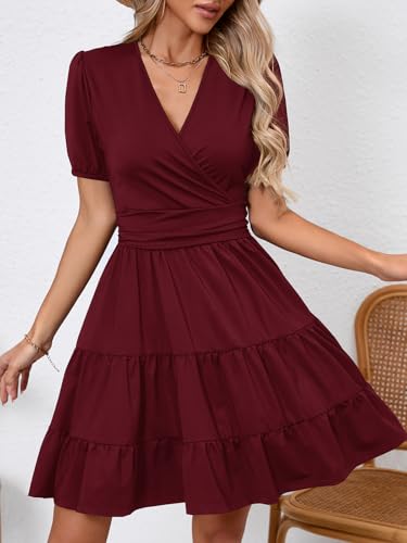 Image of Women's Casual Summer Dress V Neck Short Sleeve Flowy Stretchy Comfort Fit for Daily Wear Work Midi Dresses