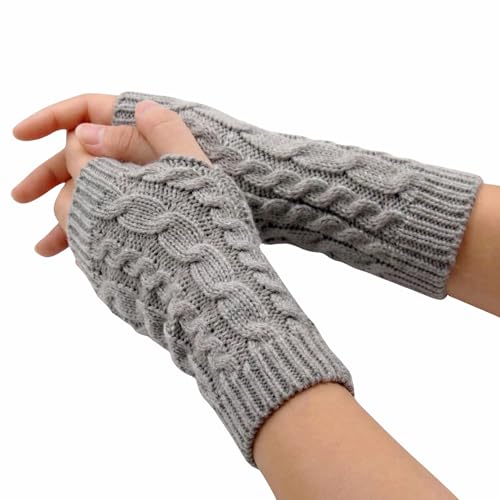 Image of Kraptick Women's Cable Knit Fingerless Gloves - Winter Soft Woolen Arm Warmers with Thumb Hole - Thermal Half Finger Mittens for Typing, Driving & Texting (Free Size, Khaki)