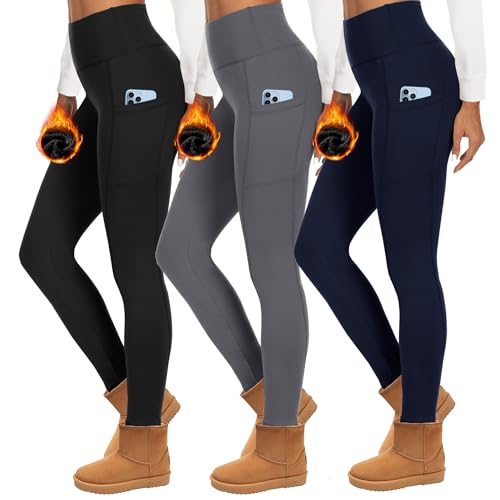 HIPOWER 3er Pack Thermoleggings Damen Mit Taschen Leggings Gefüttert Winter High Waist Fleece Warme Leggins Blickdicht Schwarz Sport Thermounterwäsche Laufhose Yogapants(A-Schwarz+Grau+Navy,S-M)