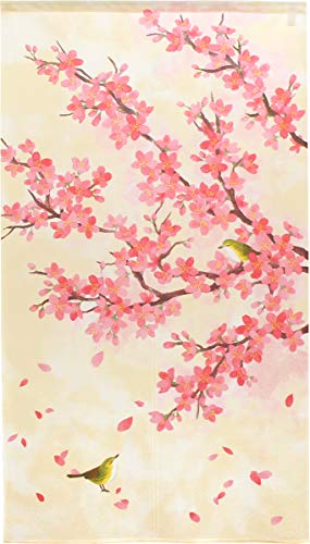 のれん 作家 山中奈緒子 市松レース プリント 半間のれん 春 四季 花 幅85×丈150cm 桜と鳥 11328