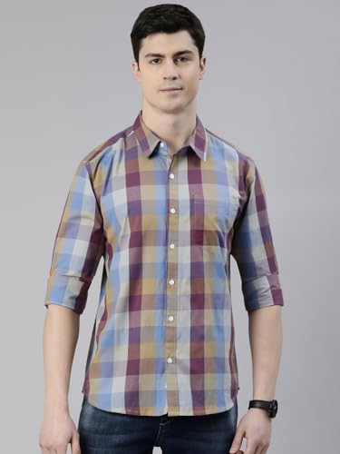 Image of JOVEN Men Slim Fit Pure Cotton Brown and Dark Green Casual Checked Shirt