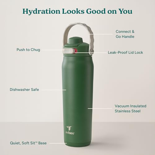 Image of REDUCE Aura Vacuum Insulated 26 oz Water Bottle - Leak-Proof & Chug Spout for Quick Hydration - Keeps Drinks Cold for 30 Hours - Removable Handle for Travel or Gym - Soft Sit Base - Fairway Green