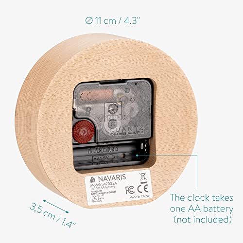 Navaris Small Modern Desk Clock - 4-3/8" Diameter Real Wood Analog Clock for Shelf, Table, Desktop - Silent Tick Battery Operated Clock - Light Brown - Image 6