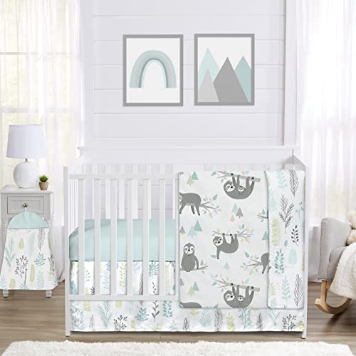 Image of Sweet Jojo Designs Blue and Grey Jungle Sloth Leaf Baby Unisex Boy or Girl Nursery Crib Bedding Set - 4 Pieces - Turquoise, Gray and Green Tropical Botanical Rainforest