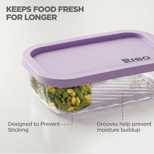 Image of Treo By Milton Nutri Borosilicate Glass Containers for Fridge Storage Set of 6 (2 x 310ml, 2 x 520ml, 1 x 750ml, 1 x 1200ml) Stackable Glass Container with Lid, Microwave & Dishwasher Safe, Purple