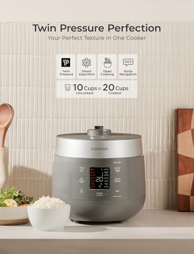 Image of CUCKOO Twin Pressure Rice Cooker 10-Cup Uncooked / 20-Cup Cooked with Nonstick Inner Pot, Large Rice Maker & Warmer with 16 Menu Options, Open Cooking Mode, Voice Guide, Gray (CRP-ST1009FG)