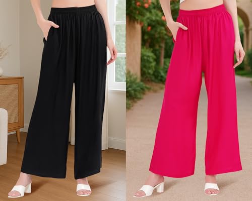 Image of Buy That Trendz Palazzo Pants for Women Cotton Rayon Elasticated Flared Wide Leg Regular Fit M to 6XL Pack of 2