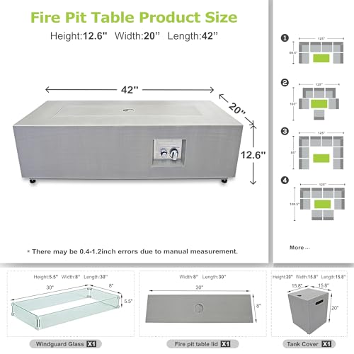 SUNPEAK 42" Rectangular Propane Fire Pit table, 50,000 BTU Fireplace Table with Wind Guard Glass, Lid, Rocks and Cover, Outdoor Fire Pit for Deck or Patio, Fogata para Patio (Light Grey, 42" Standard)