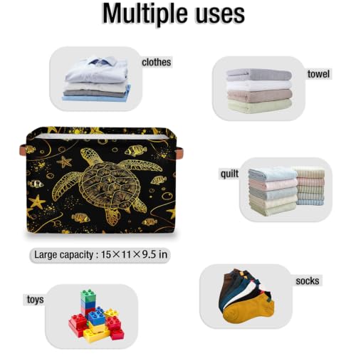 Image of Gold Sea Turtle Square Storage Basket, Starfish Tropical Fish Fabric Storage Bin with Leather Handles Collapsible Storage Bin Nursery Hamper for Organizing Toys, Clothes, Books, Gift Baskets