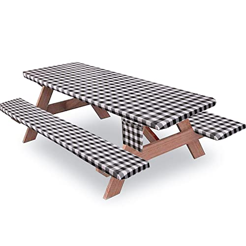 Picnic Table Cover With Bench Covers, 3-Piece Set Vinyl Elastic Fitted Rectangle Waterproof Picnic Tablecloths With 2 Pockets Flannel Backing For Outdoor/Bbq/Camping(30 X 72 Inch,Black-Checkered) #TOP1