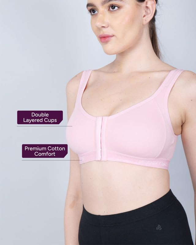 Image of BODYSIZE Cotton Front Open Sports Bra for Women Daily Use | Non-Wired Sweat Absorbent Seamless Bra | Full Coverage Regular Wear Comfortable and Convenient with Back Support Suitable for Gym, Yoga