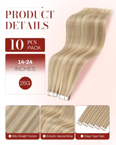 Image of Moresoo Hair Extensions Tape in Human Hair Honey Blonde 18in 10Pcs 25g | Blonde tape in extensions, lightweight pieces, honey blonde dimension for soft waves, dinner looks and weekend styling